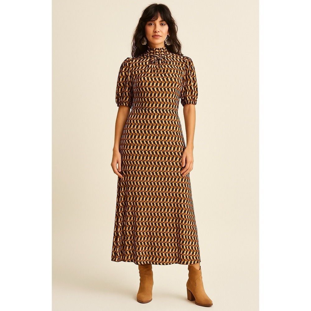 Who What Wear Brown Black Geometric Midi Dress